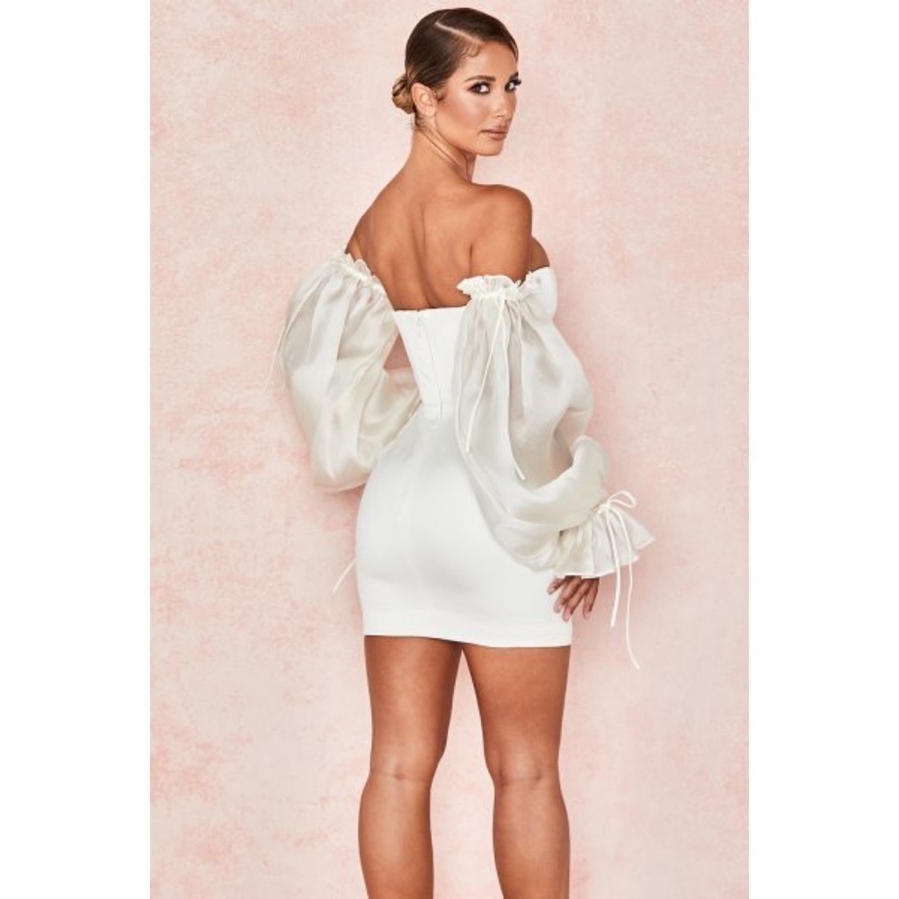 NWT House of CB Marisa Ivory Satin Corset Tulle Long Sleeves Mini Bodycon Dress - Picture 8 of 14